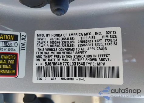 2012 Honda Cr-V Ex-L из США, поврежденный, VIN 5J6RM4H77CL031540